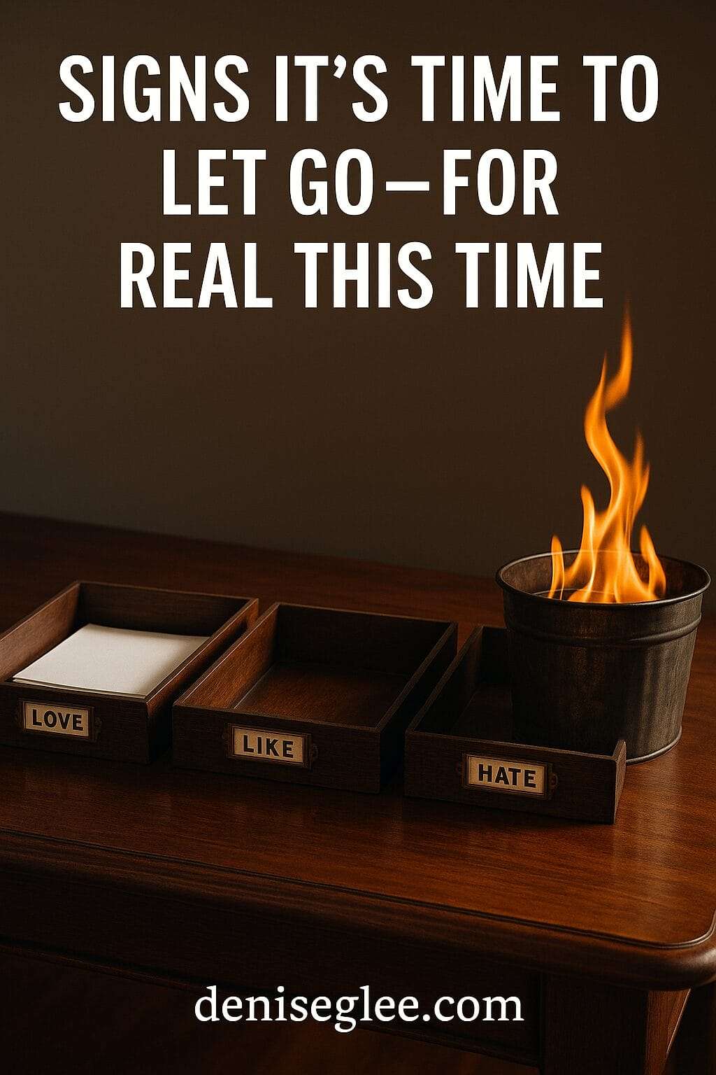 A vintage metal trashcan, pushed to the side — with a bright flame flickering up. Inside: burning paper or folders — something clearly mid-burn, smoke rising, edges curling.