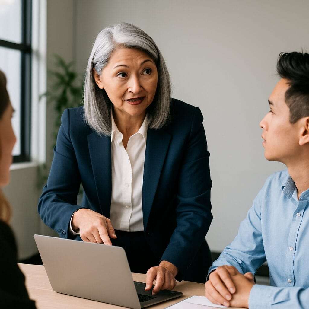 An Asian female leader in her 50s with gray hair, wearing a navy blazer, guiding a team meeting and making things right at work.