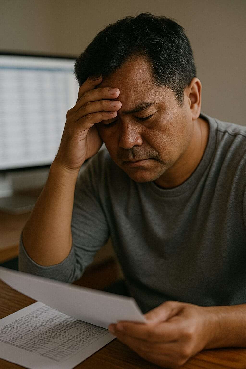 Entrepreneur reviewing finances with anxious expression, triggered by unresolved past crisis