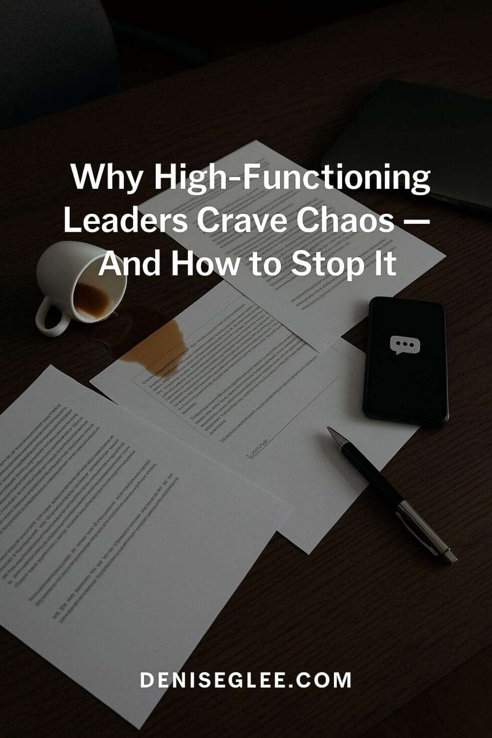 A luxury executive desk in visible disarray — sleek modern design, papers scattered, an espresso tipped over, phone screen lit up with notifications — nobody in the shot, just the evidence of the “always stirring” chaos.