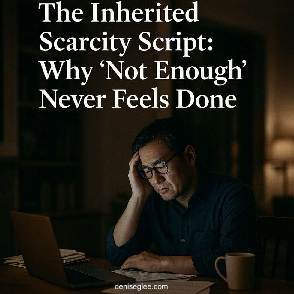 Middle-aged Asian professional man sitting in a dimly lit luxury home office, looking stressed and thoughtful under text reading ‘The Inherited Scarcity Script: Why ‘Not Enough’ Never Feels Done.