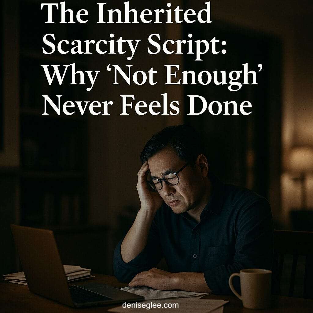 Middle-aged Asian professional man sitting in a dimly lit luxury home office, looking stressed and thoughtful under text reading ‘The Inherited Scarcity Script: Why ‘Not Enough’ Never Feels Done.