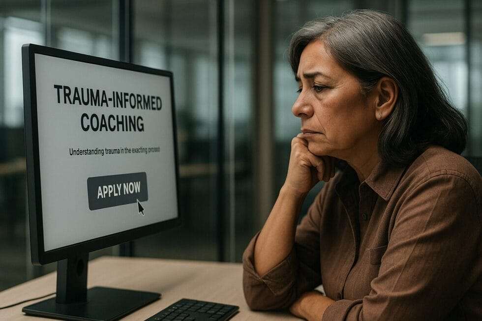 A middle-aged Latina woman sits at her desk in a modern glass office, staring at a computer screen showing a "TRAUMA-INFORMED COACHING" application. Her expression is tired and contemplative as the cursor hovers over the "Apply Now" button.