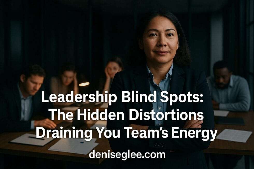 Pacific Islander woman leader stands confidently in a dim office while her disengaged team works behind her — text overlay reads “Leadership Blind Spots: The Hidden Distortions Draining Your Team’s Energy” — deniseglee.com