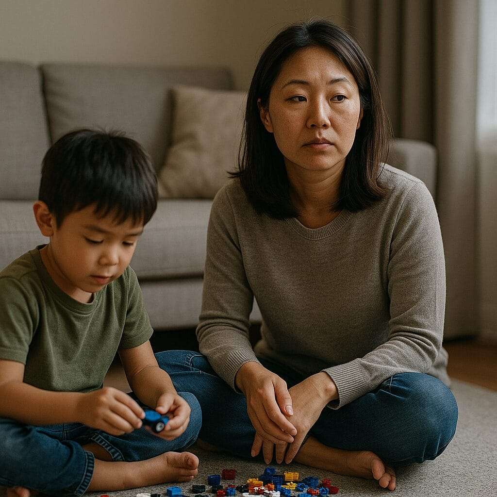 Mother playing Legos with son, visibly lost in thought as intrusive memories arise unexpectedly