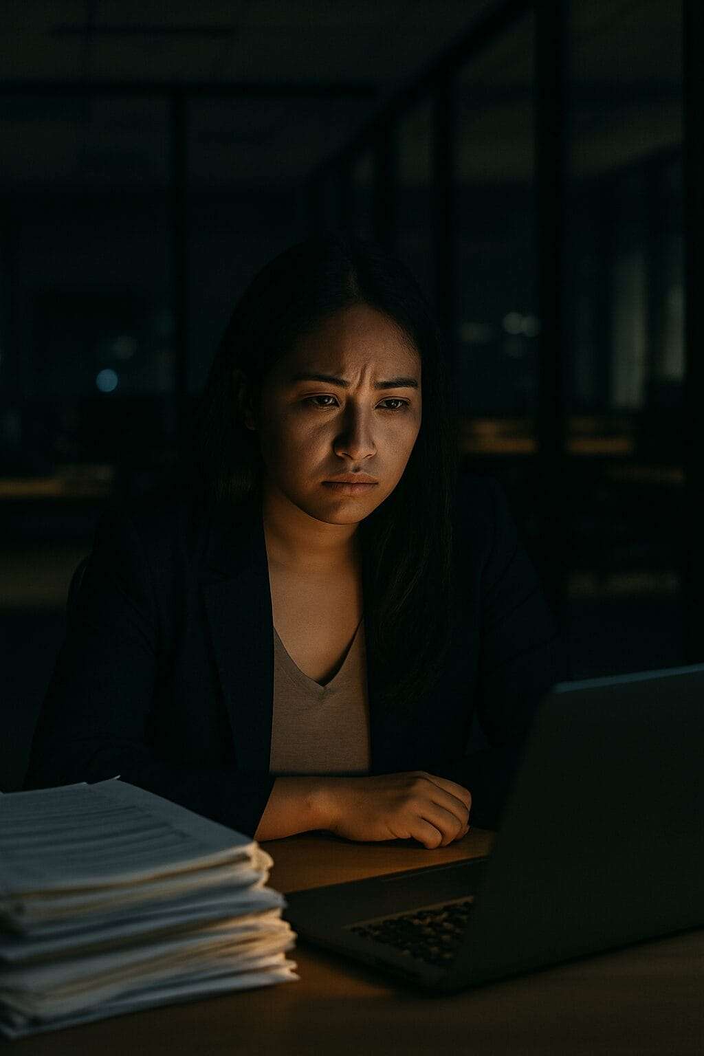 Pacific Islander woman working late in an empty corporate office, symbolizing the emotional toll of workplace dysfunction