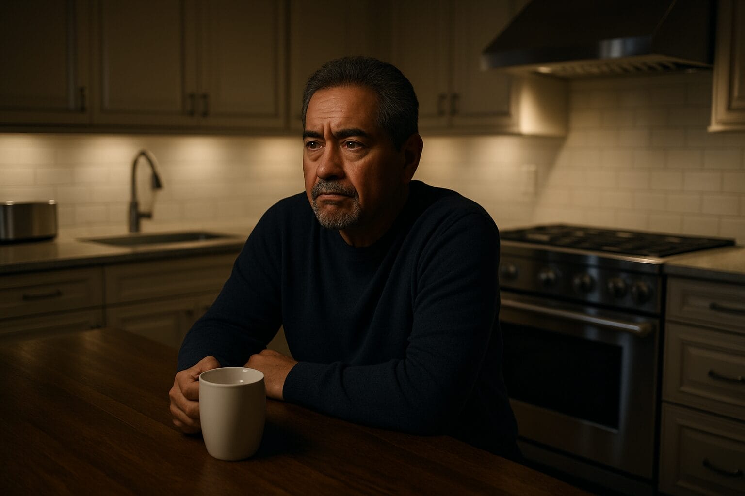 latino man sitting alone at the kitchen table at night, staring into the distance, overwhelmed by the return of unresolved memories