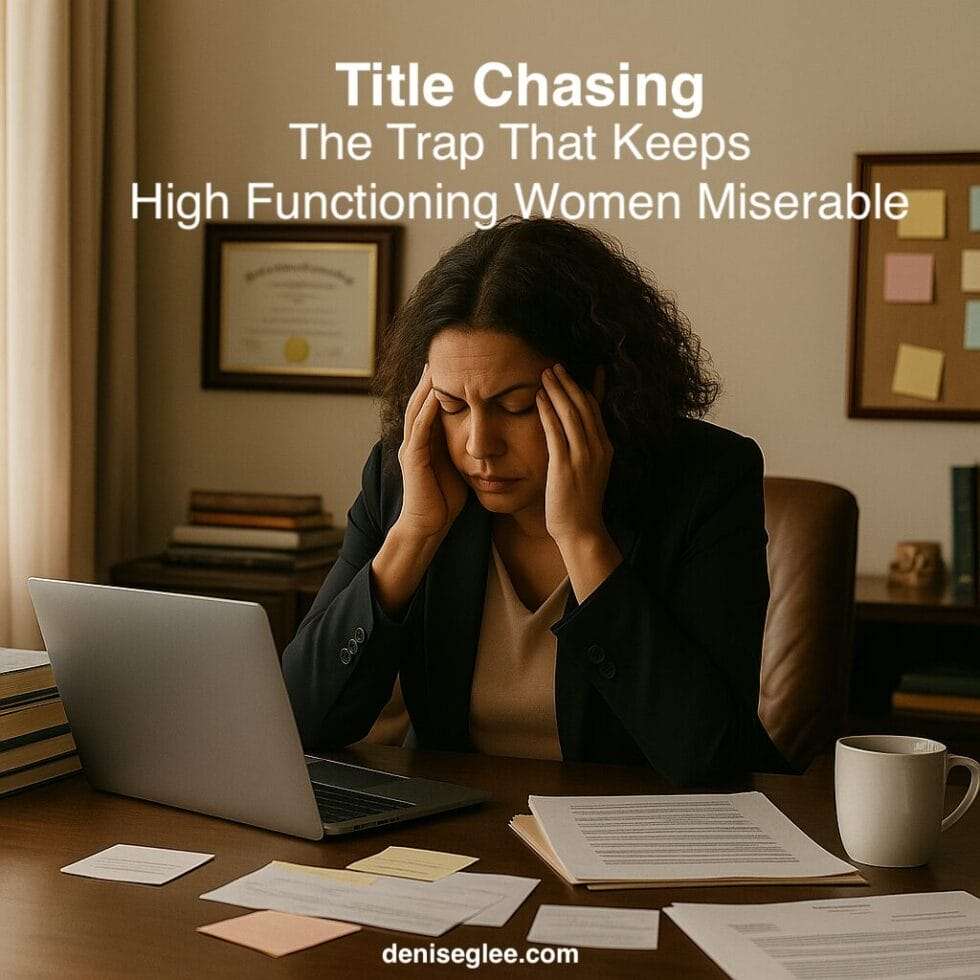 : Black Latina woman sitting exhausted at a cluttered home office desk, overwhelmed by the pressure of title chasing.