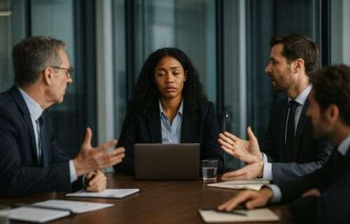 Black Latina executive woman sitting composed in a boardroom, surrounded by over-talking colleagues, symbolizing toxic workplace dynamics at the top