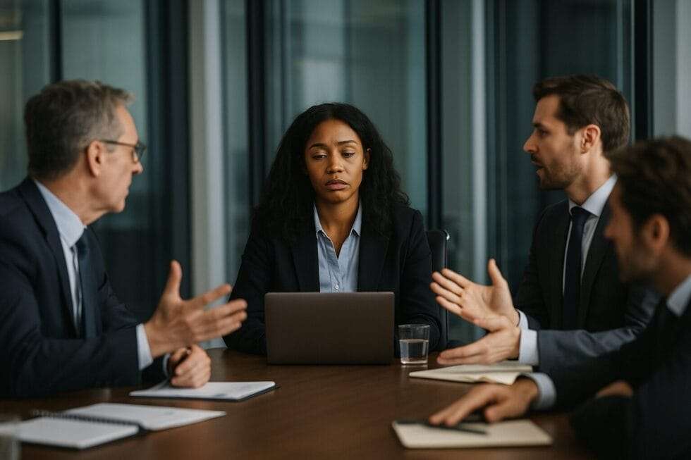 Black Latina executive woman sitting composed in a boardroom, surrounded by over-talking colleagues, symbolizing toxic workplace dynamics at the top