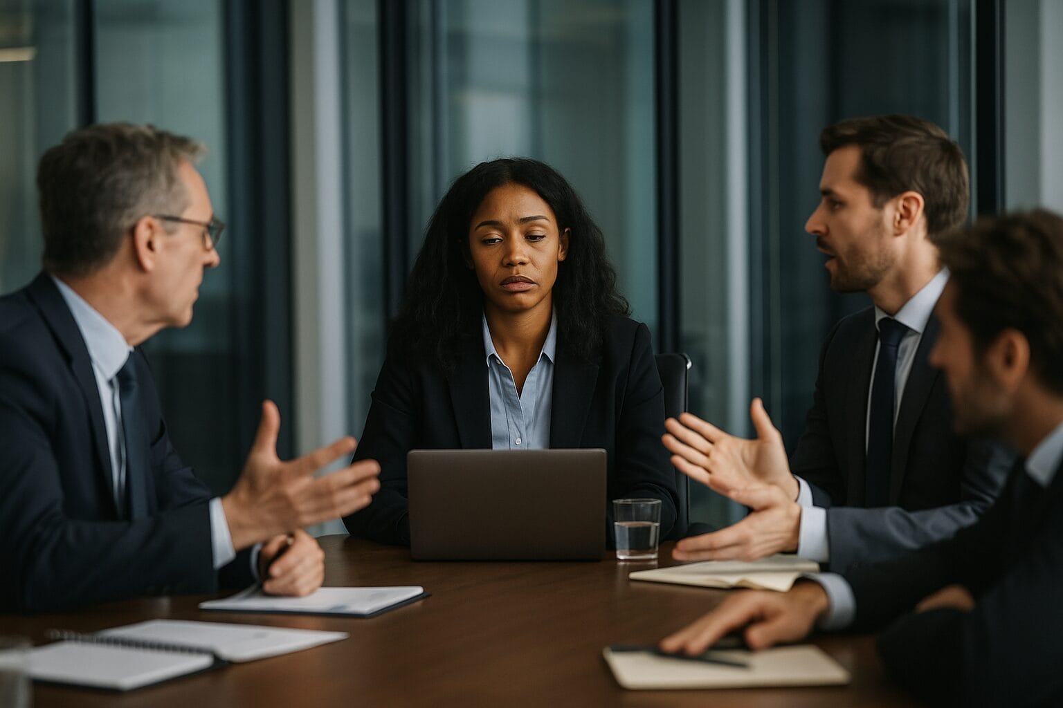 Black Latina executive woman sitting composed in a boardroom, surrounded by over-talking colleagues, symbolizing toxic workplace dynamics at the top