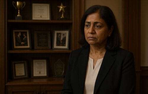 Middle-aged Indian woman in a luxury home office staring at a wall of awards and achievements, visibly questioning their meaning