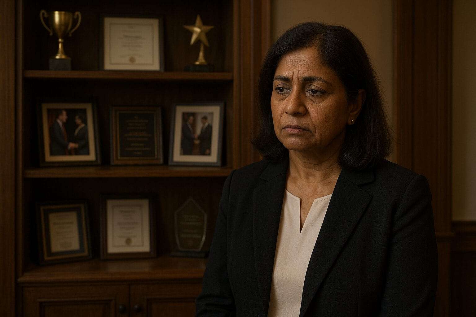 Middle-aged Indian woman in a luxury home office staring at a wall of awards and achievements, visibly questioning their meaning