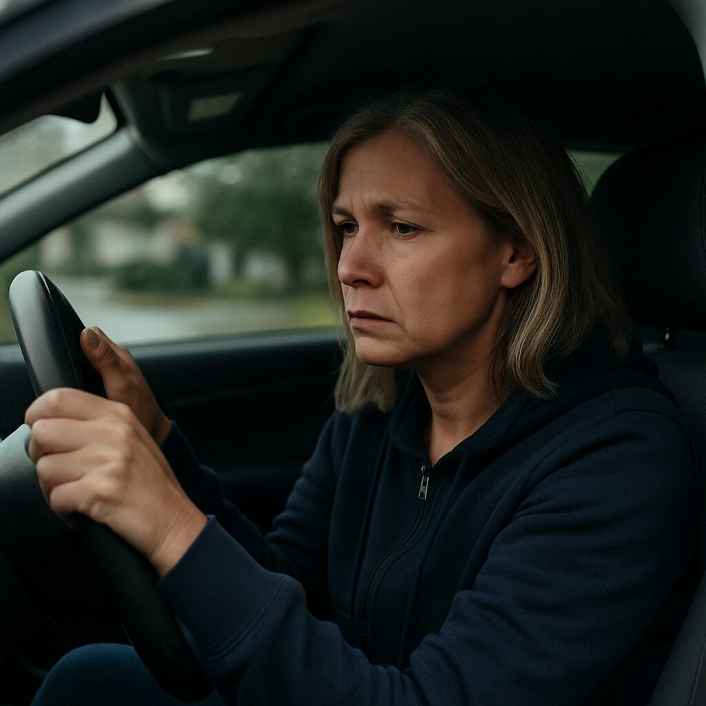 Middle-aged woman sitting alone in a parked car, gripping the steering wheel with a tense, distant expression—quietly bracing against an emotional memory