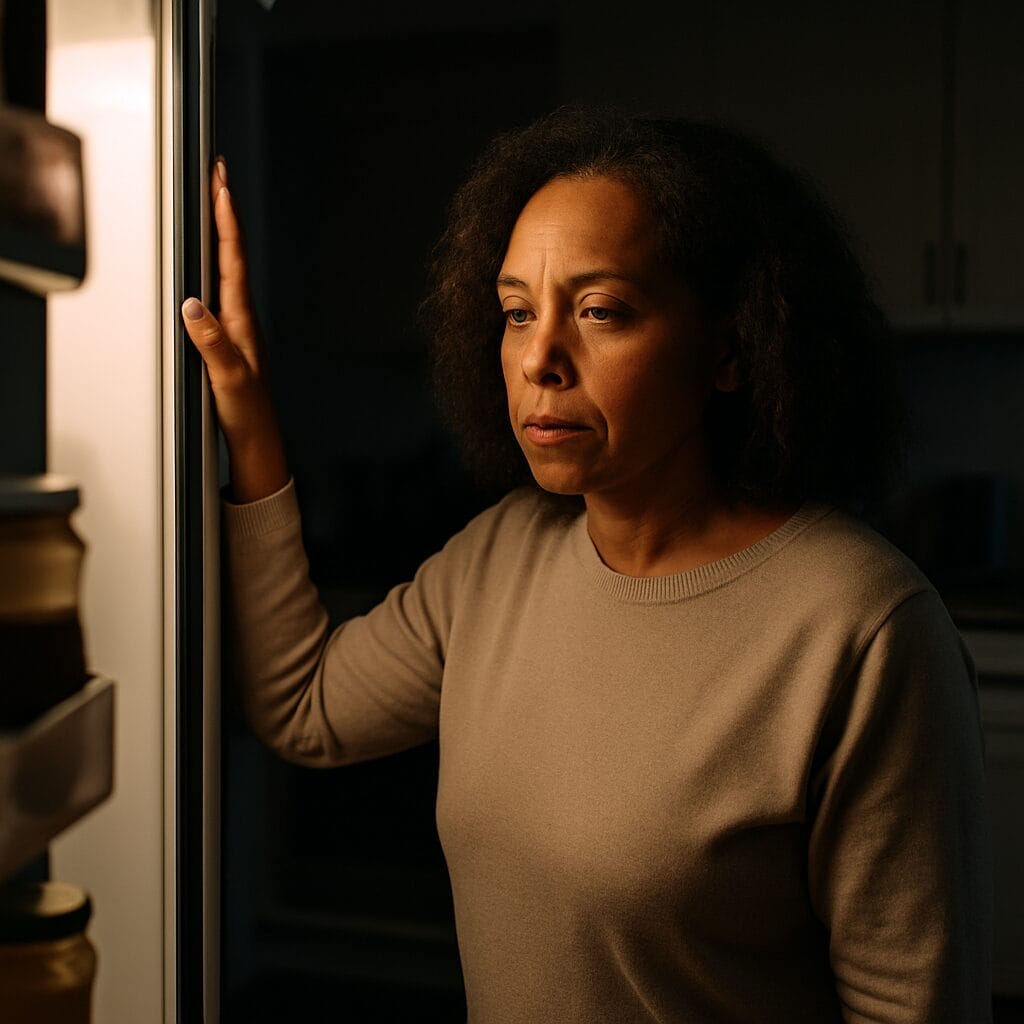 Woman standing silently at night in front of fridge, frozen mid-task, caught in a painful memory