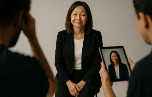 A half-white, half-Asian woman in her mid-40s sits on a stool during a professional photo shoot, offering a tired smile while a photographer and assistant evaluate her image in the foreground.