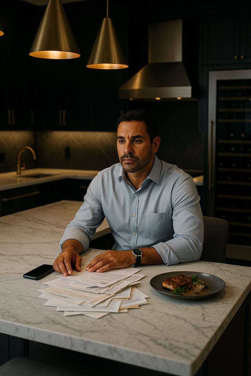 Latino man in luxury kitchen counter in front of him? Scattered bills, a half-eaten gourmet meal, and his phone face-down.