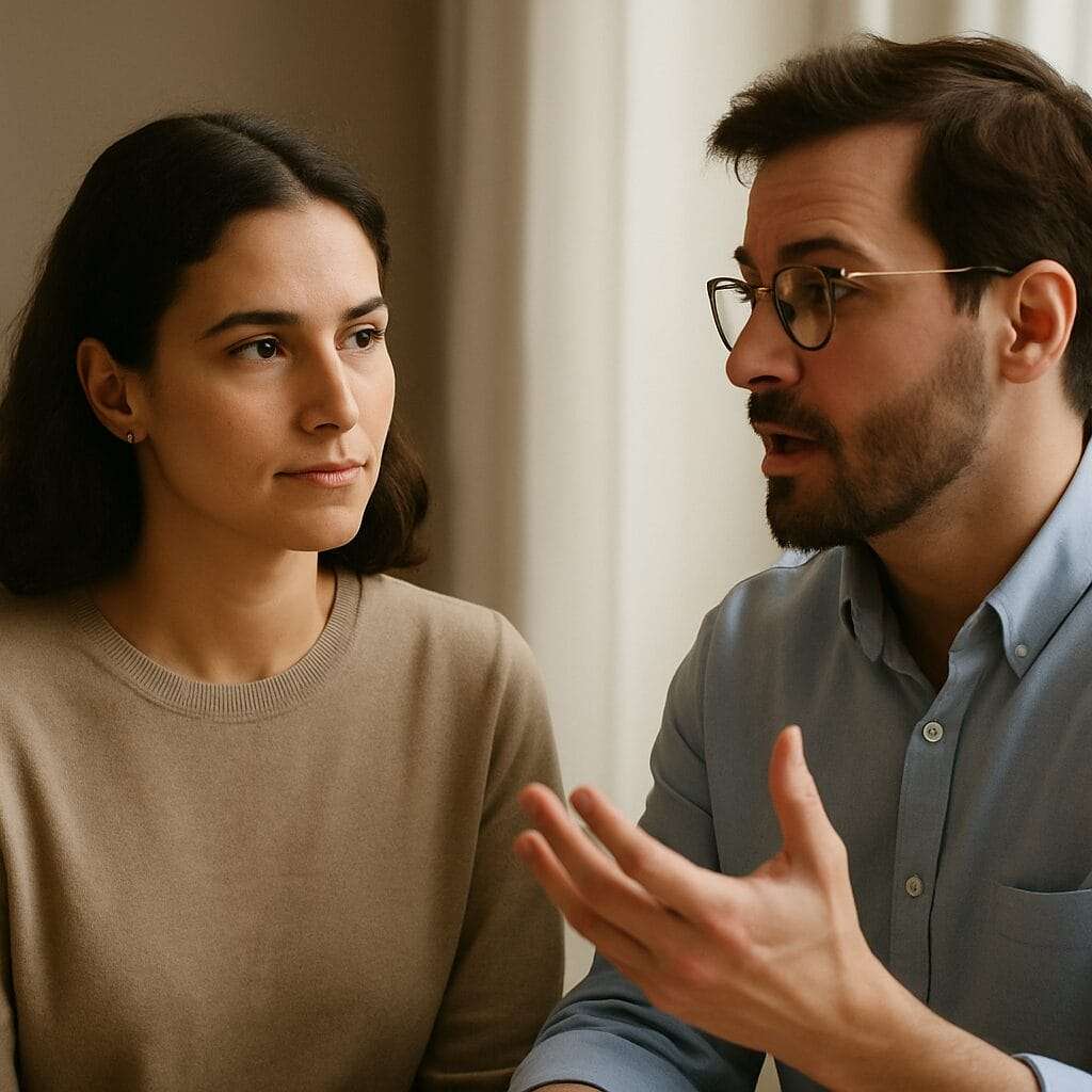 Two people in conversation, one calm and steady while the other gestures intensely, illustrating clarity amid emotional reaction.
