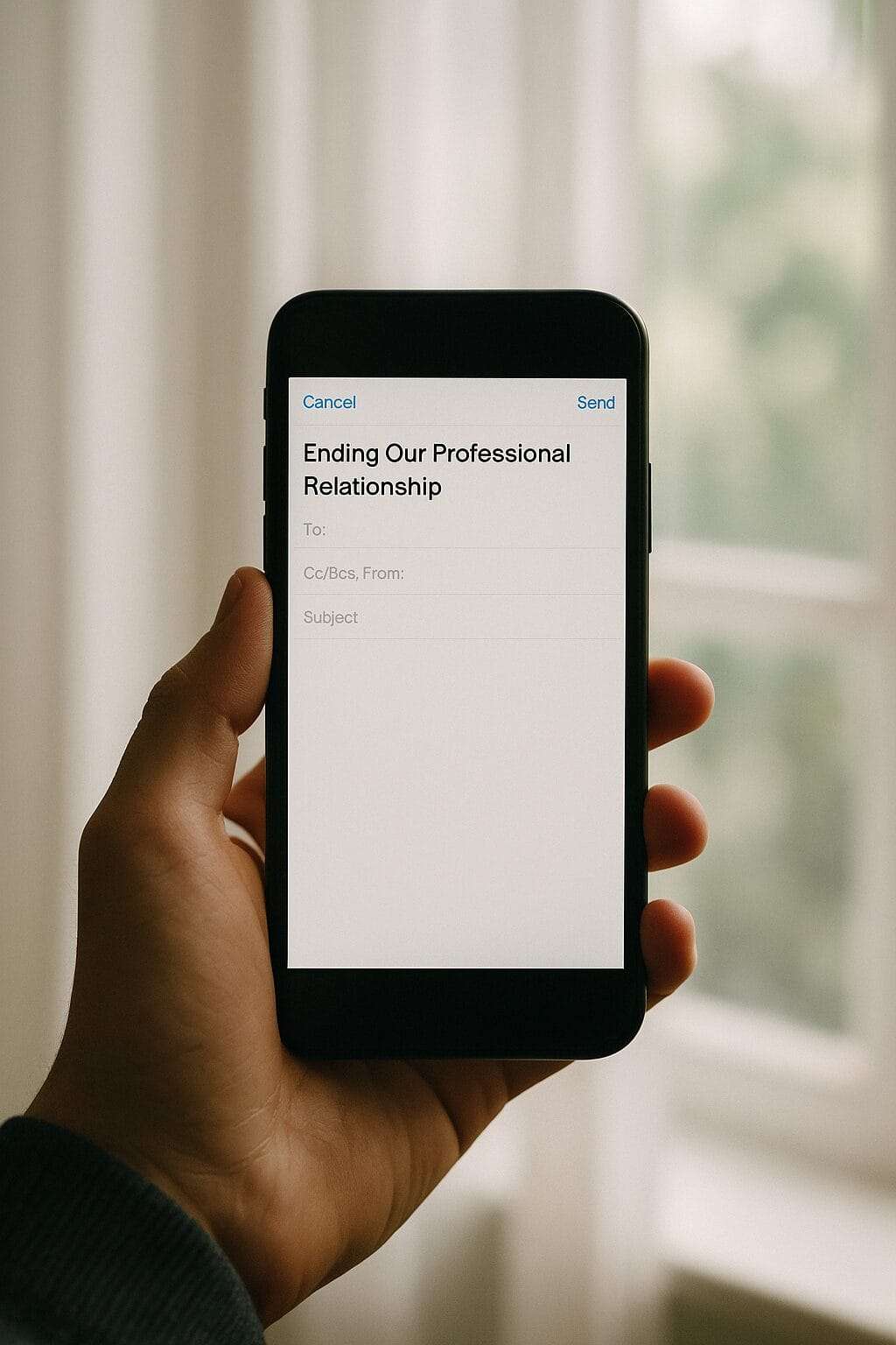 hand held with unsent message on mobile phone with the subject line Ending our Professional relationship