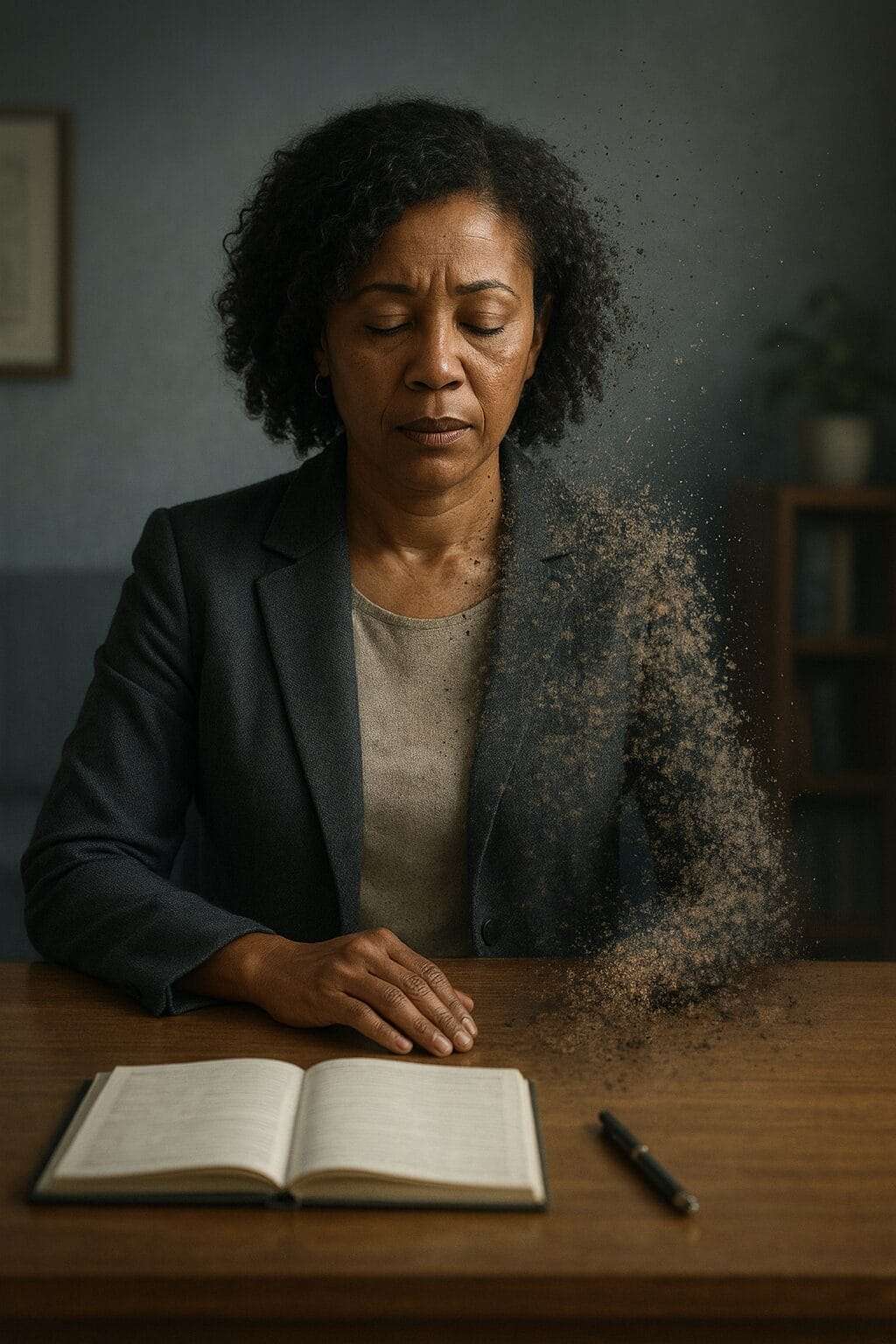 Afro-Latina woman in her mid-40s sitting at a desk while part of her body dissolves into particles, symbolizing the emotional and energetic erosion caused by delaying boundaries.