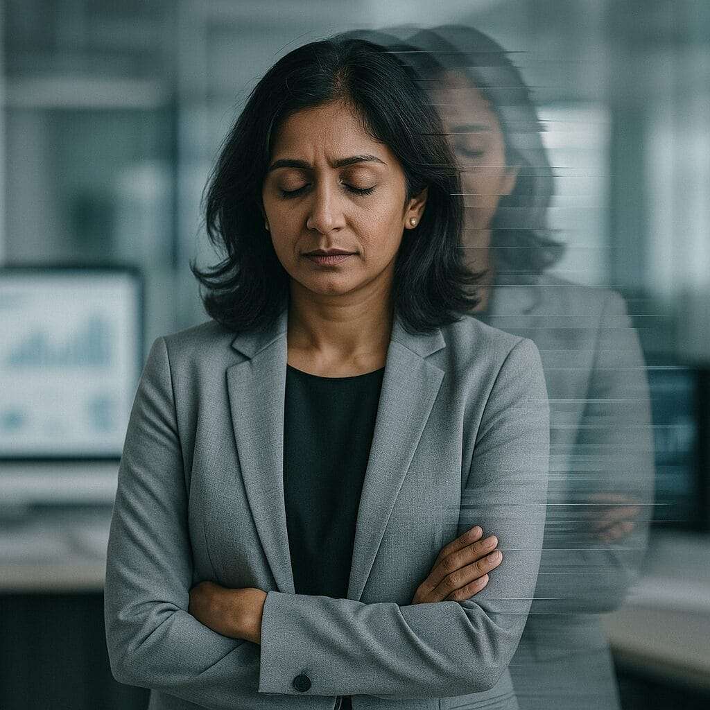 A South Asian woman in a business blazer stands with her eyes closed while blurred duplicates of her form appear behind her in a glitch-like pattern, symbolizing how unacknowledged grief fragments identity and disrupts leadership clarity.