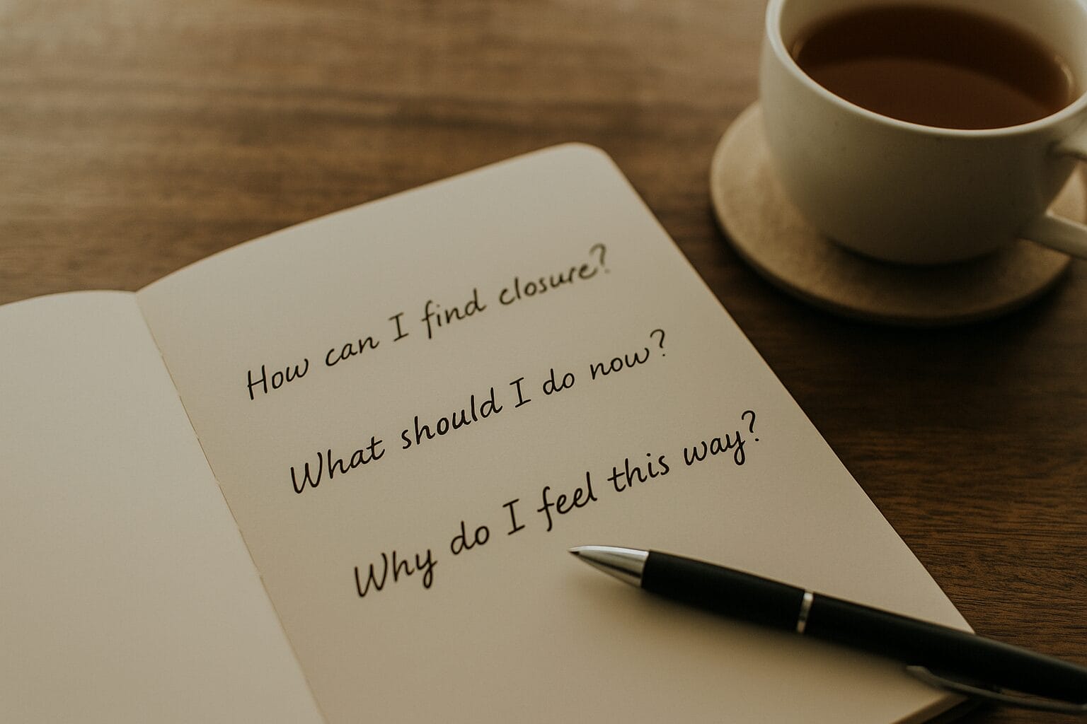 Open notebook with handwritten questions and a cup of tea beside it, symbolizing reflection and emotional clarity.