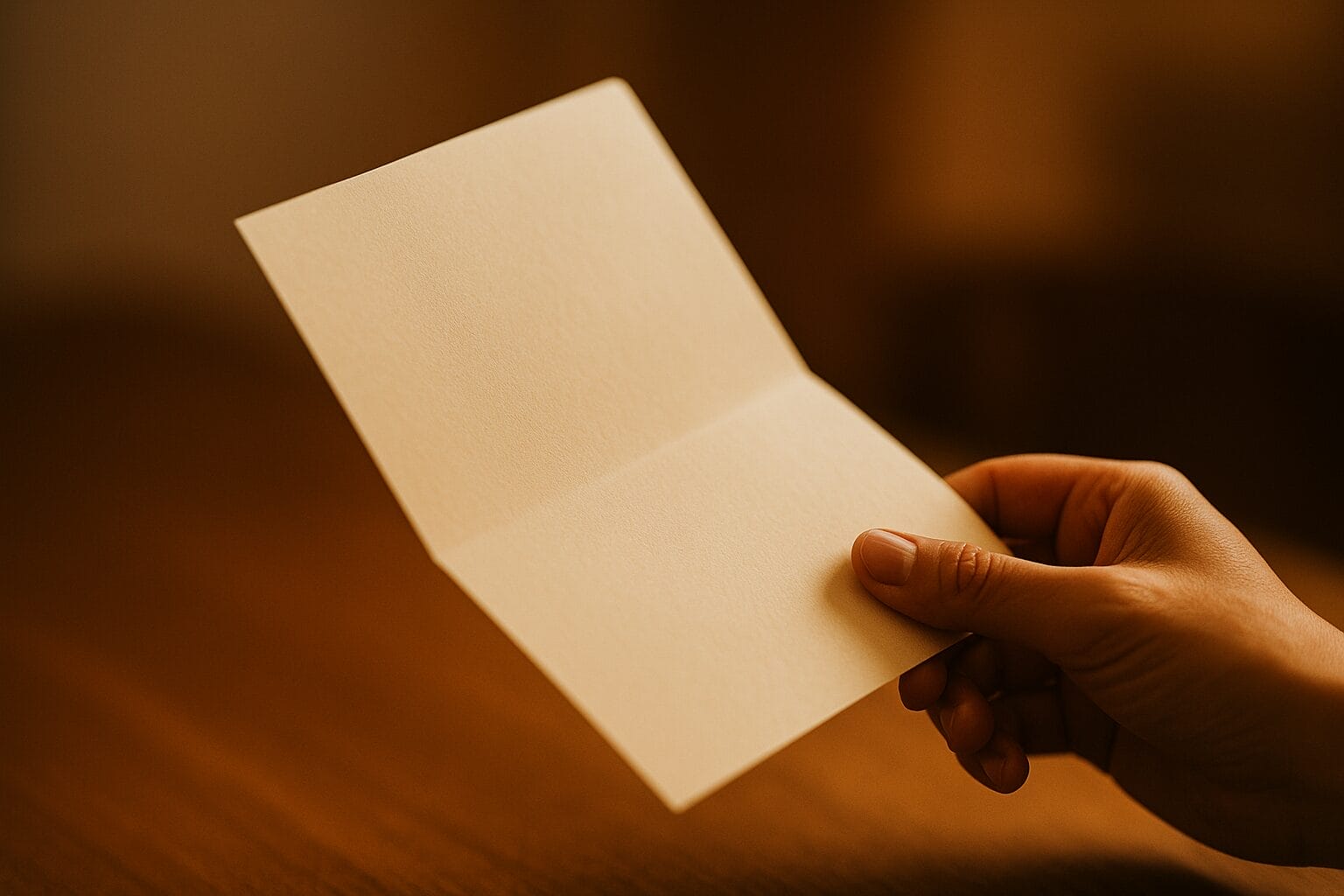 Close-up of a hand holding a blank card in warm light, symbolizing hollow gestures and false reconciliation.
