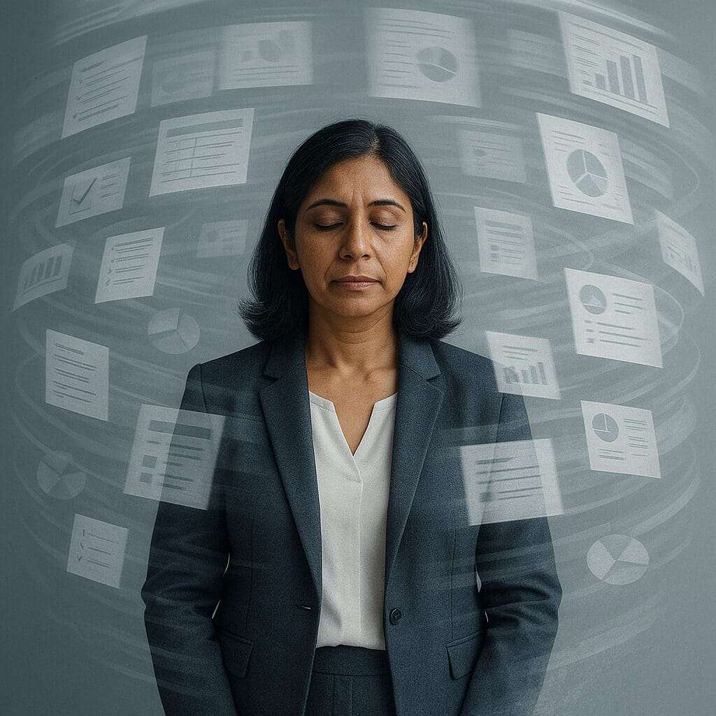 An Indian woman in her mid-40s stands with her eyes closed and a calm expression while digital charts and documents swirl around her, symbolizing a high achiever masking unresolved grief through control and productivity.