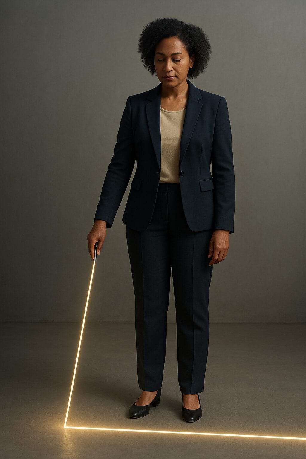 Afro-Latina woman in professional attire calmly drawing a glowing line on the floor, symbolizing setting clear boundaries with confidence and self-trust.