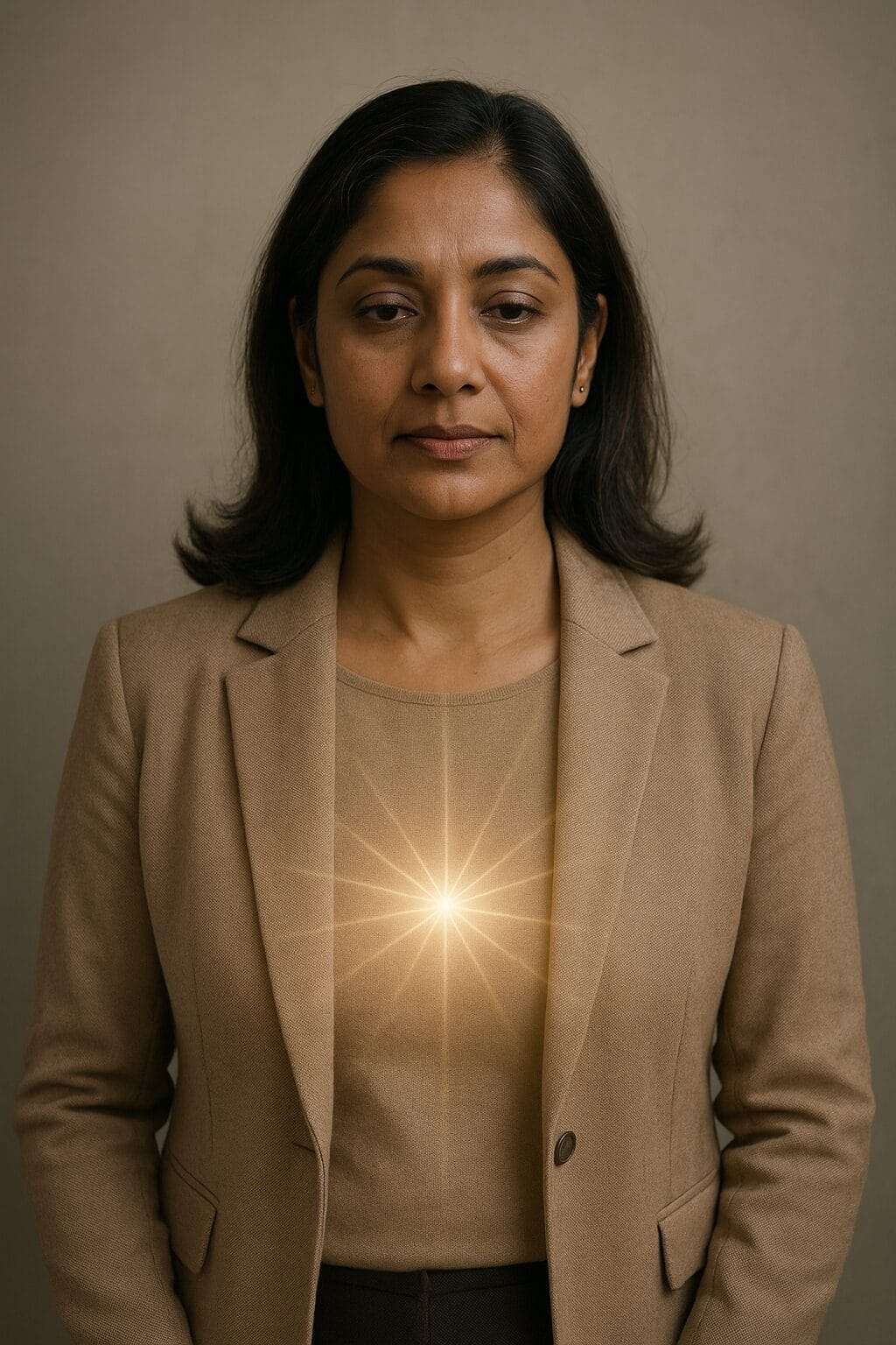 A realistic portrait of a mid-40s Indian woman standing calmly with eyes open as gentle rays of golden light radiate from her chest, symbolizing the emergence of inner guidance and emotional clarity during leadership grief.