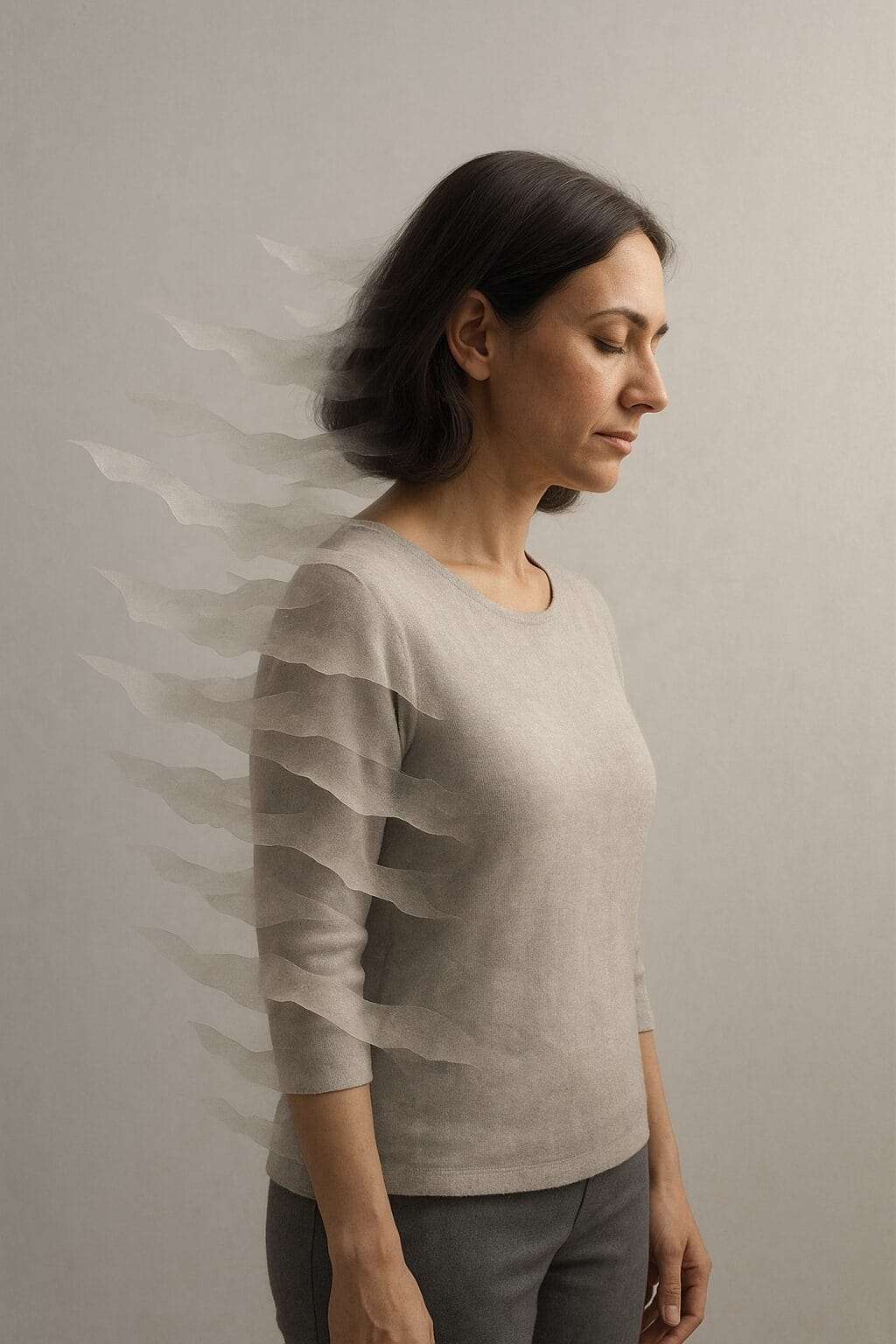 A serene, ethnically neutral woman stands in stillness as translucent layers gently peel away from her body, symbolizing the unmasking of old leadership identities and the hidden grief high achievers carry beneath their roles.