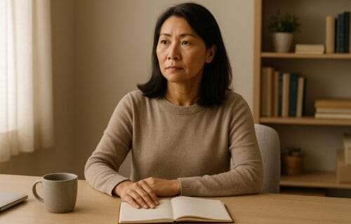 Asian woman in her 40s sitting calmly in a softly lit home office, symbolizing inner authority and peace after releasing the need for an apology.