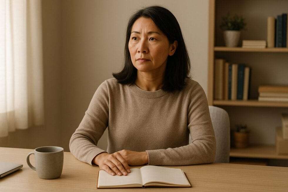 Asian woman in her 40s sitting calmly in a softly lit home office, symbolizing inner authority and peace after releasing the need for an apology.