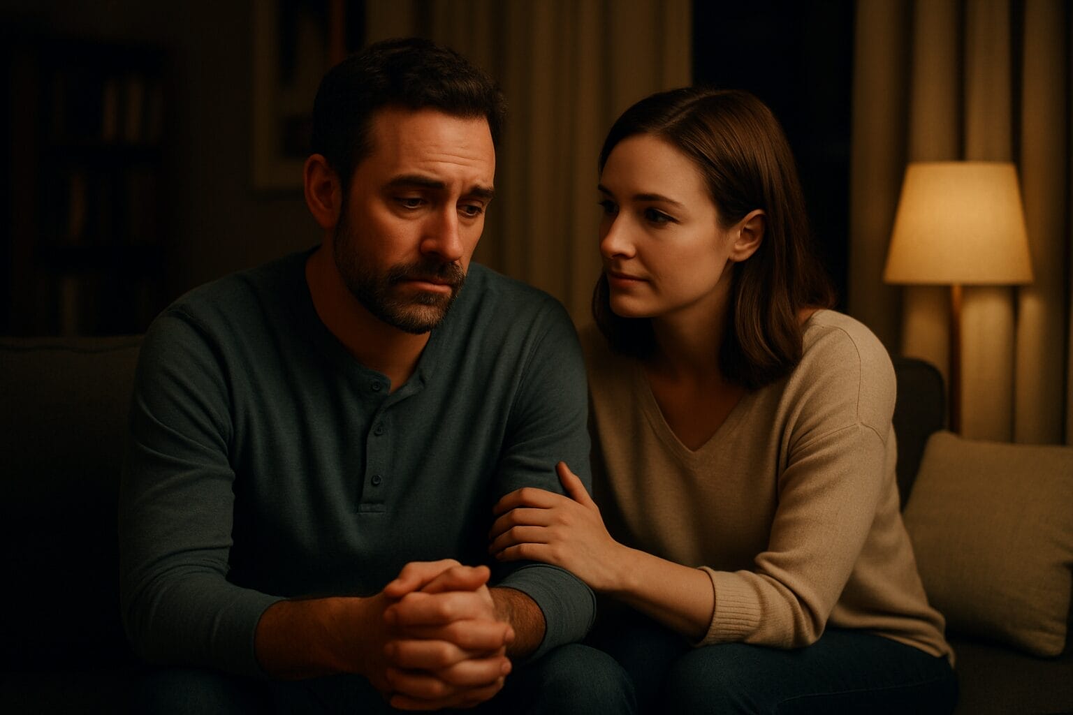 A man shares a quiet, reflective moment with someone who loves him, symbolizing the space men need for vulnerability and wholeness.