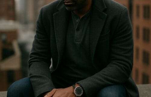black male in mid 40s In an urban setting—rooftop edge, street-level shadows, or a quiet balcony—subtle architecture in the background