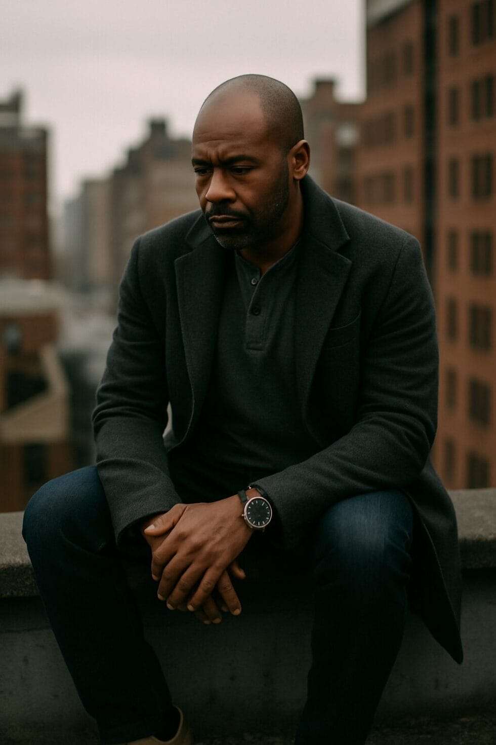 black male in mid 40s In an urban setting—rooftop edge, street-level shadows, or a quiet balcony—subtle architecture in the background