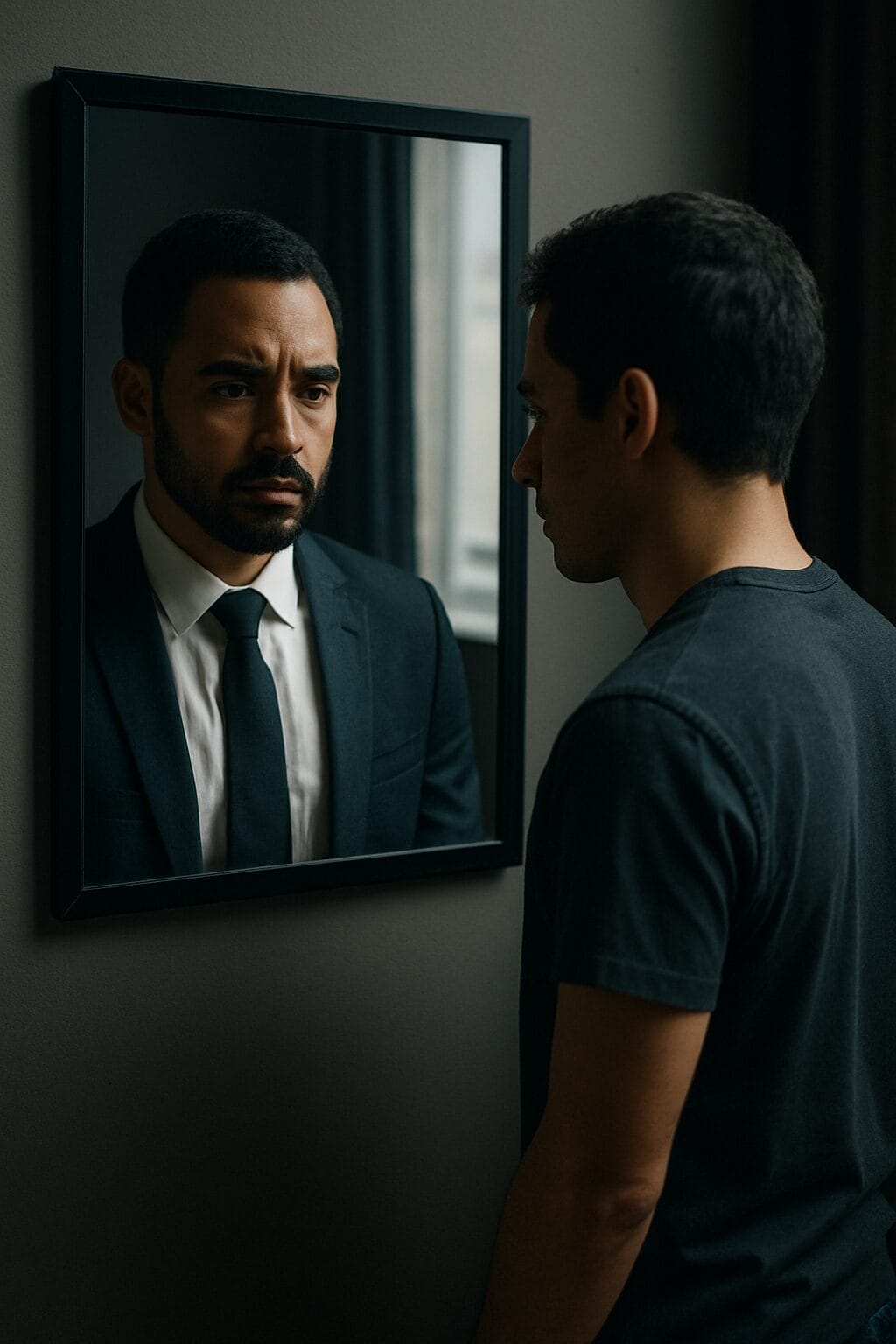A man shown in contrasting halves, symbolizing the tension between the roles he performs and the hidden self longing for expression.