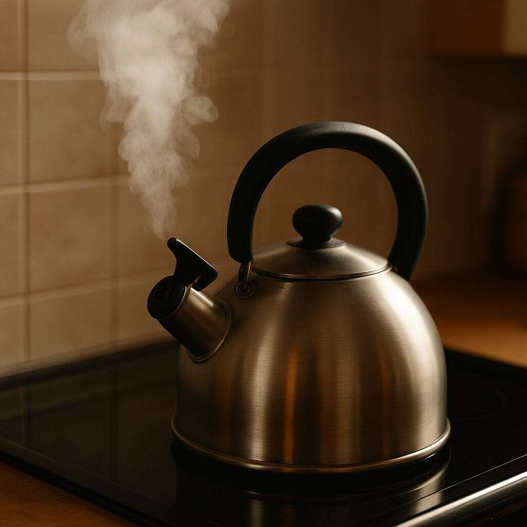 A stainless steel teapot beginning to steam on a stovetop, symbolizing suppressed emotion and the tension between niceness and honesty.