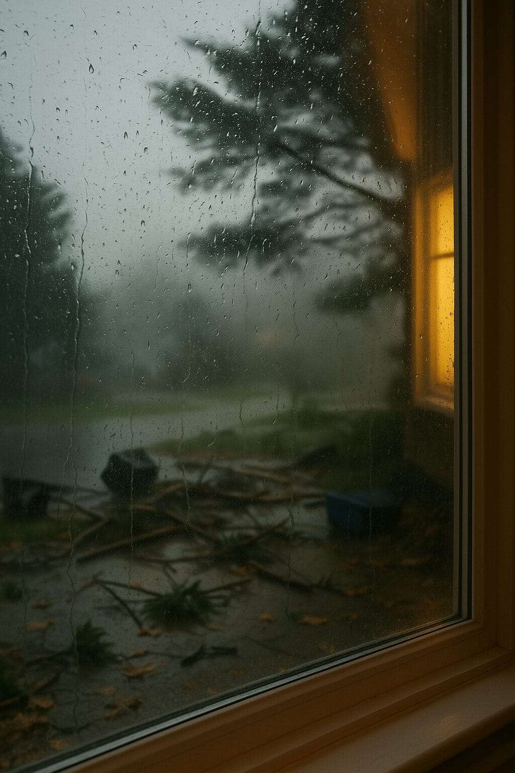 View from inside a warmly lit home looking out a rain-covered window at storm debris and windblown branches, symbolizing calm boundaries amid external chaos.