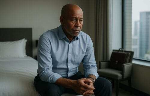 A middle-aged African American man sits solemnly on the edge of a neatly made bed in a modern urban apartment, dressed in business casual attire, hands clasped as he gazes downward in quiet reflection.