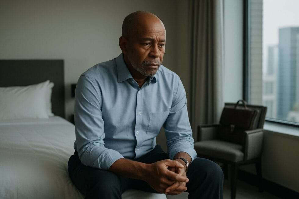 A middle-aged African American man sits solemnly on the edge of a neatly made bed in a modern urban apartment, dressed in business casual attire, hands clasped as he gazes downward in quiet reflection.