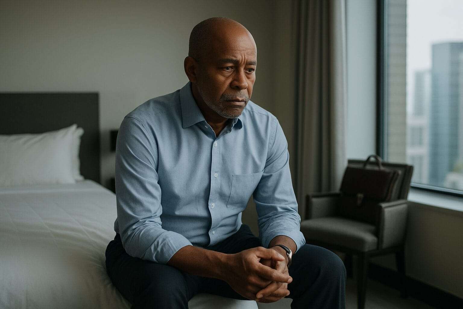 A middle-aged African American man sits solemnly on the edge of a neatly made bed in a modern urban apartment, dressed in business casual attire, hands clasped as he gazes downward in quiet reflection.