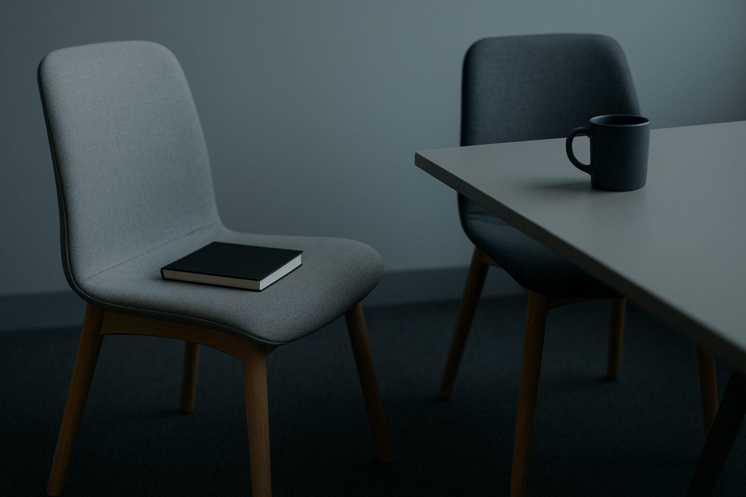 Two chairs angled apart in a quiet meeting space, representing avoidance and emotional distance.