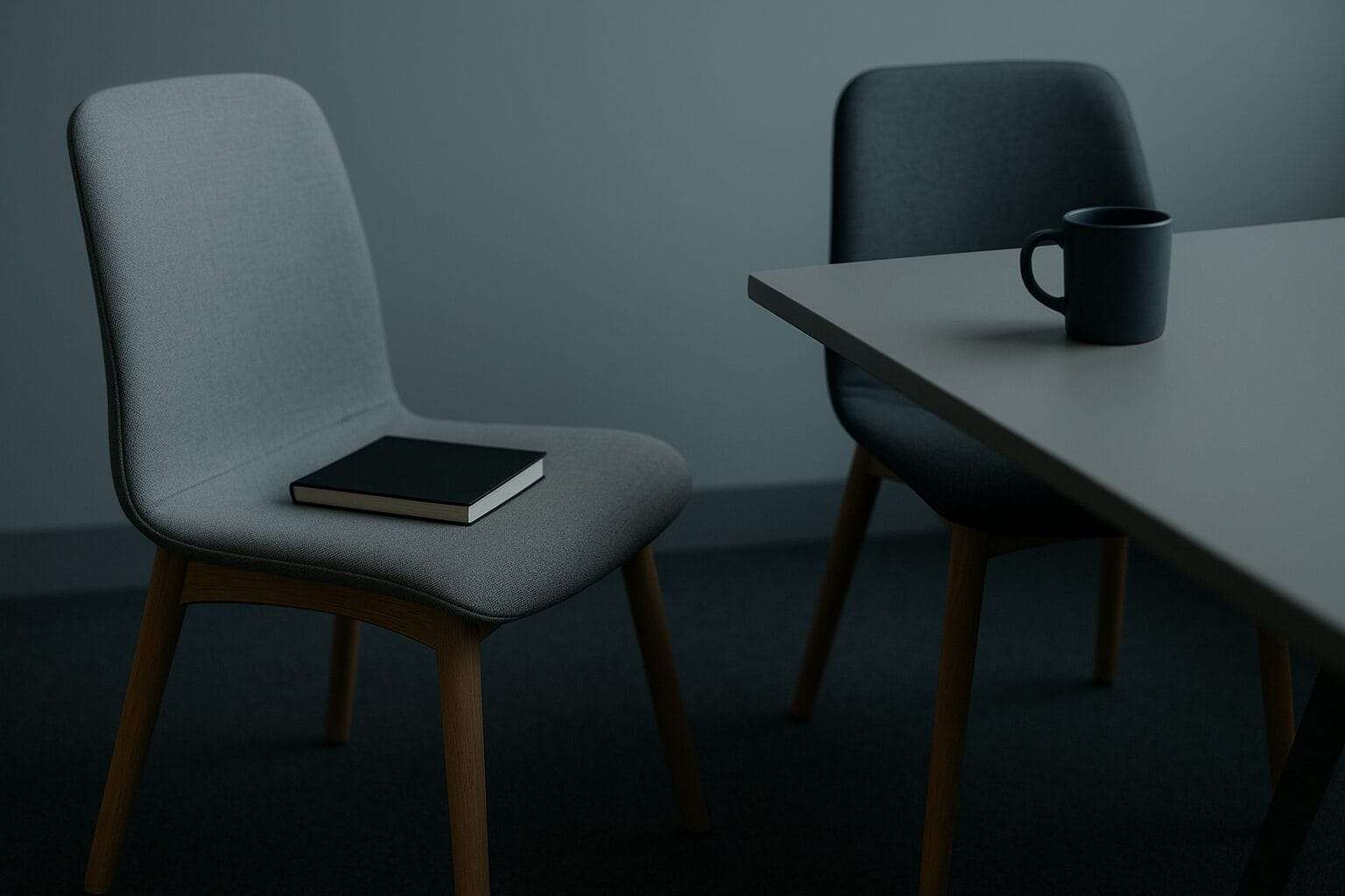Two chairs angled apart in a quiet meeting space, representing avoidance and emotional distance.