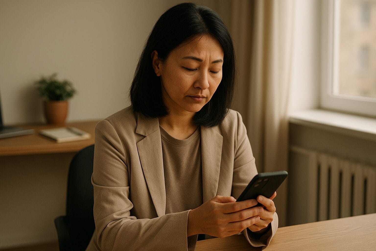 Mid-40s Asian woman sitting in a softly lit home office, quietly looking at her phone with a calm, reflective expression, symbolizing unmet expectations and emotional labor.