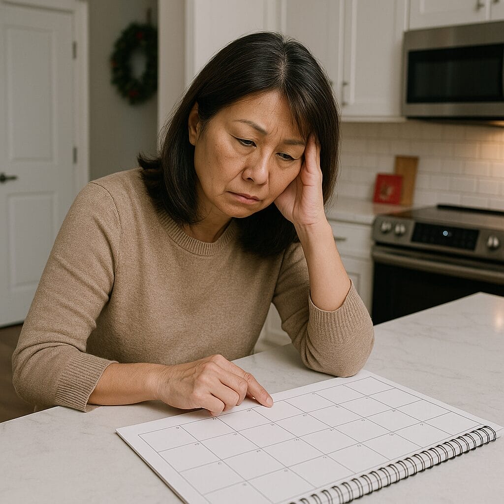 Middle-aged Asian woman feeling lonely during the holidays while looking at an empty calendar in a modern kitchen, reflecting the emotional impact of slow schedules and holiday isolation.