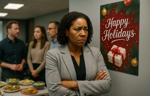 A mid-40s Afro-Latina leader stands at a workplace holiday potluck, arms crossed, trying to appear neutral while quietly holding sadness and anger as coworkers chat near a festive “Happy Holidays” poster.