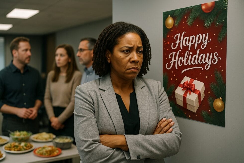 A mid-40s Afro-Latina leader stands at a workplace holiday potluck, arms crossed, trying to appear neutral while quietly holding sadness and anger as coworkers chat near a festive “Happy Holidays” poster.