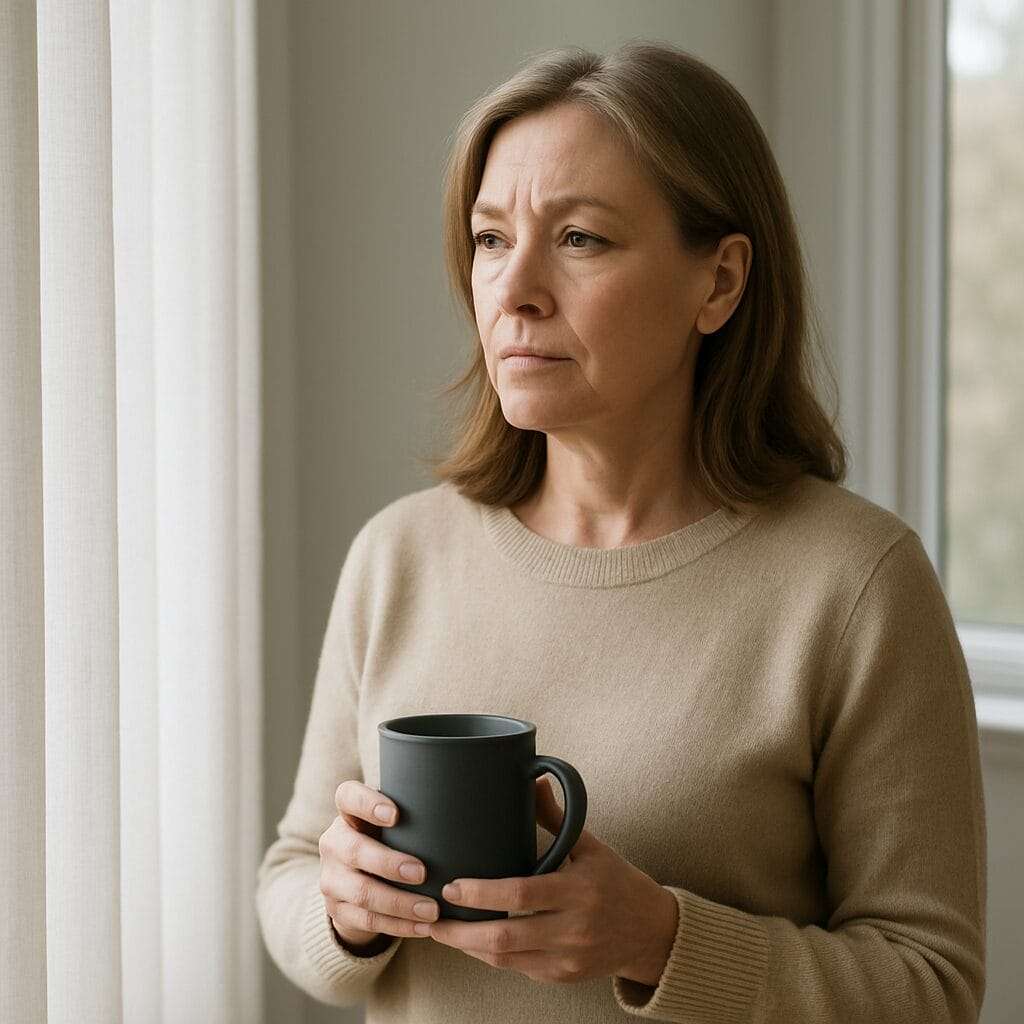 A white woman in her early 50s stands in soft morning light holding a mug, looking out the window with a steady expression — a visual of emotional sobriety, calm strength, and leading herself through grief without rushing.