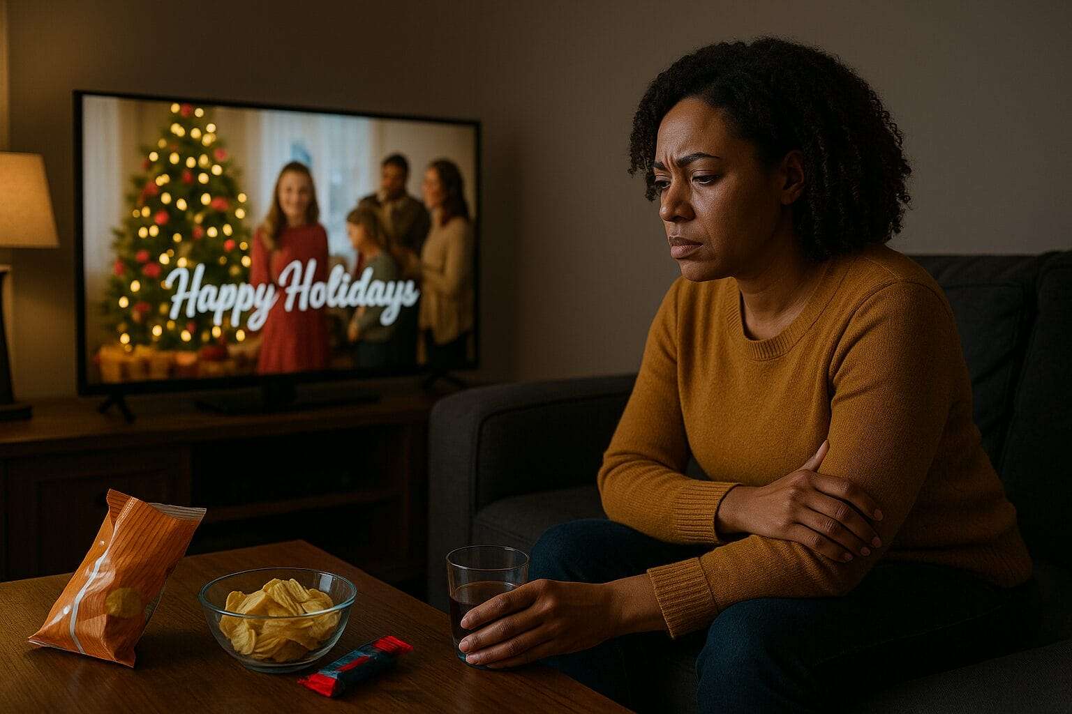 Young Black woman coping with holiday stress and loneliness while watching festive TV ads, sitting alone with snacks in a dimly lit living room.